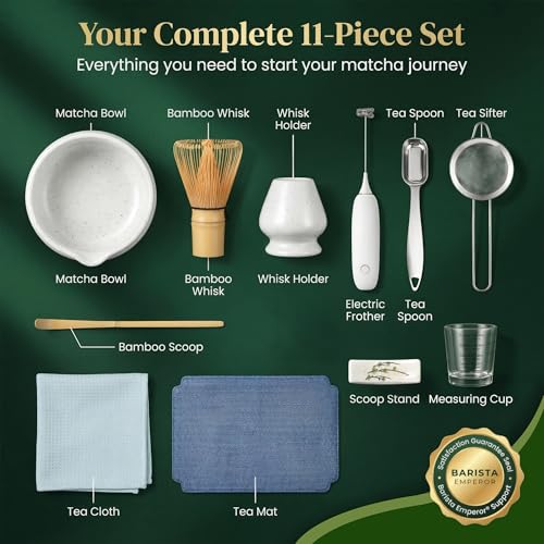 BARISTA EMPEROR® MATCHA WHISK SET PREMIUM 11pcs - Professional Matcha Kit Set with Matcha Bowl, Matcha Whisk, Milk Frother, Spoon, Sifter, Scoop, Stand, Cup, Tea Mat, Cloth - Matcha Bowl Set by Barista Emperor - Image 3