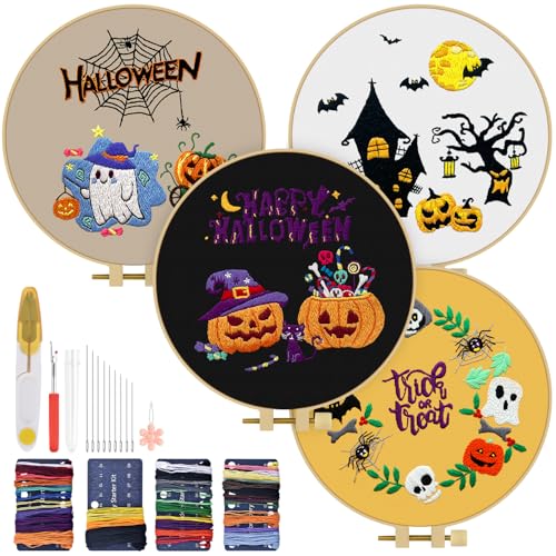 Image of TINDTOP Halloween Embroidery Kit for Adult, Embroidery DIY Starter Kit | 4 Pack with Stamped Patterns, Hoop, Tools, Colorful Threads with Needles, Instructions
