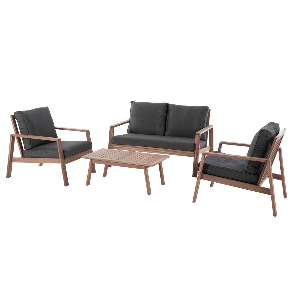 Hespéride - Salon de Jardin Tiwi Acacia et Carbone 4 Places Coussins Déhoussables, Déperlants 2 Fauteuils, 1 Canapé, 1 Table Basse pour Terasse, Beige
