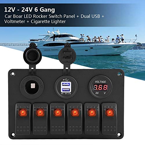 KIMISS 6 Gang LED Rocker Switch Panel for Cars & Boats, 12V 24V with Dual USB Ports, Voltmeter & Cigarette Lighter, Orange Backlit