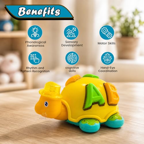 Image of WISHKEY Plastic Bump and Go Toy for Kids, Adorable Cartoon Design Turtle Toy with Moving Parts, Battery Operated Toy Turtle with Lights and Music, Multicolor, 3+ Years (Pack of 1)