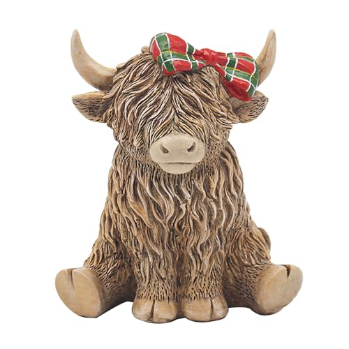 Widdle Gifts Reflections Bronze Resin Animal Ornament - 12cm Highland Cow With Tartan Bow 6549