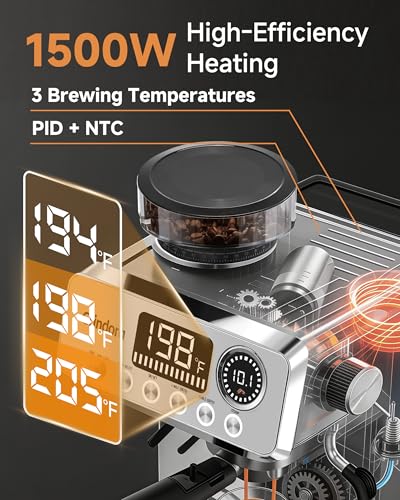 Image of Espresso Machine with Grinder, 20 Bar Stainless Steel Espresso Coffee Machine, 44 Grind Settings, 0.1s Precision Timer, PID Control, Milk Frother for Latte, Cappuccino, Americano & Cold Brew
