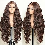 SOKU Brown 13x6 Lace Frontal Wig 32 Inch Long Lightweight Wavy Hair Pre Plucked Hairline with Baby Hair Glueless Transparent Lace Heat Resistant Synthetic Lace Front Wigs for Black Women