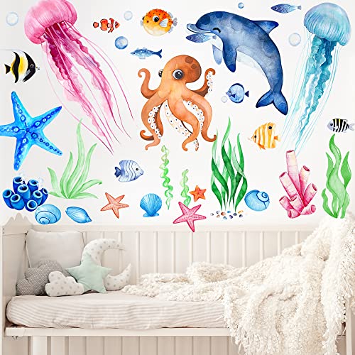 4 Sheets Ocean Fish Wall Decals Stickers Under The Sea Wall Decal Stickers Removable Sea Life Marine Animal Sticker Underwater Ocean Creatures Wall Decor for Kids Girls Boy Nursery Bedroom Bathroom… - Image 6