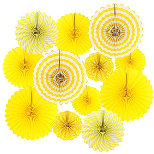 Image of LRCXL 12PCS Party Hanging Paper Fans Set, Fiesta Round Pattern Paper Garlands Decoration Party Supplies for New Year Baby Shower Birthday Wedding Graduation Events Accessories(Yellow)