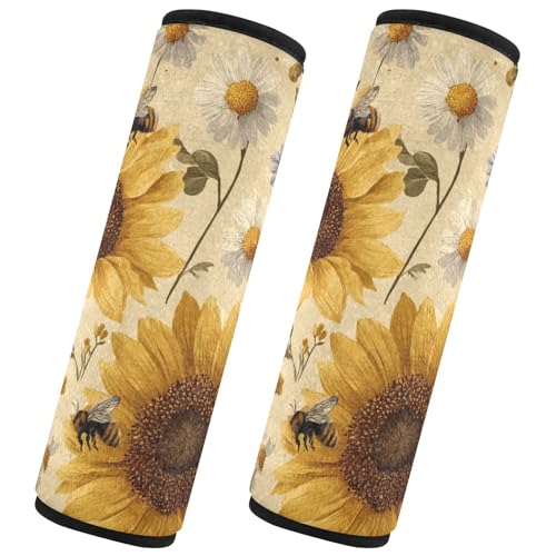 Image of Beige Sunflowers and Daisy Bees Seat Belt Cover Pad 2 Pcs Soft Cute Seatbelt Covers Protector Support Head Neck Shoulder Strap for Car Seats High Chair Backpack for Adults Kids Women Men 10x7.7