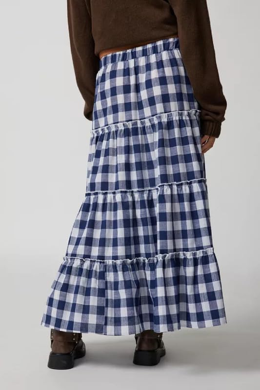 Women Plaid Tiered Maxi Skirt Y2k Elastic High Waist Long Skirt Print Flowy A Line Skirt Gingham Swing Midi Skirts3