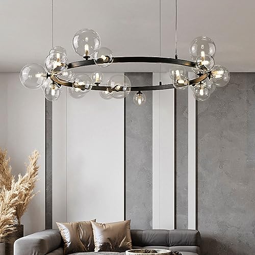 Lustre à bulles de verre et suspension réglable ronde à 24 lumières en fer noir