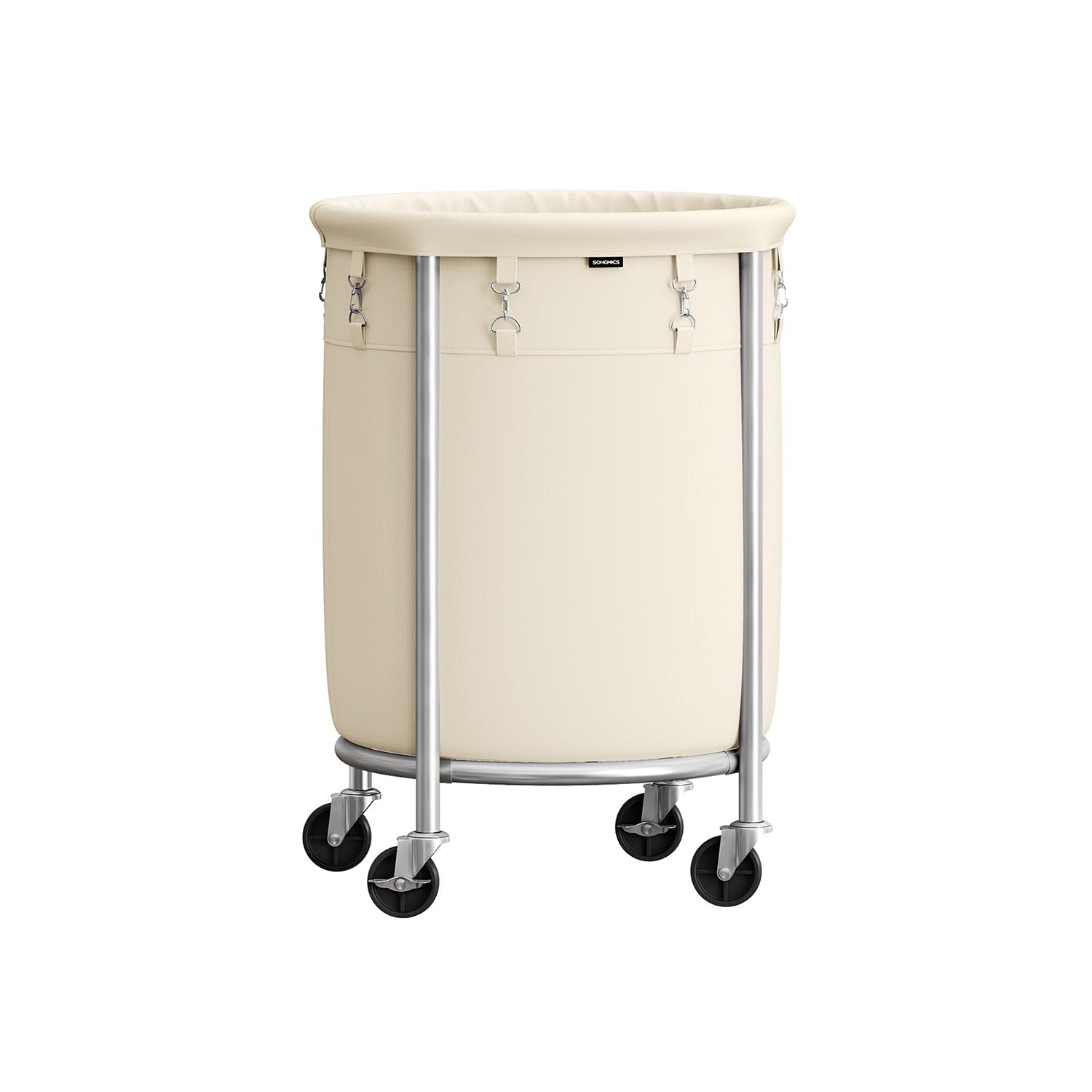 Songmics Cream + Silver Laundry Basket On Wheels, Laundry Trolley 110L, Round Laundry Hamper With Steel Frame And Removable Bag, 4 Castors And 2 Brakes, Cream And Silver Rls002w01