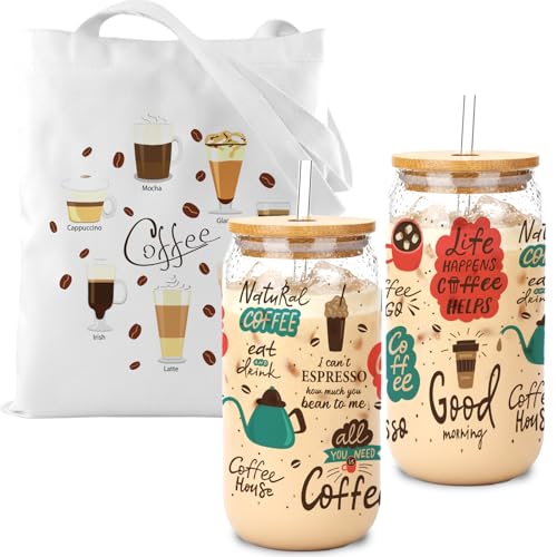 Coffee Lover Gift Set - 16 oz Life Happens Coffee Helps Coffee Mug with Bamboo Lid & Canvas Tote Bag, Reusable Iced Coffee Cup with Straw, Perfect Coffee Gifts for Women Friends Coffer Lovers