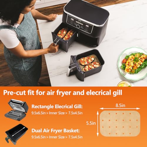 Image of Air Fryer Liners Disposable Parchment Paper Sheets: 50PCS Rectangular Perforated Baking Paper for Ninja DZ201 Foodi 6-in-1 8-qt. 2-Basket and Mini Indoor Grill (8.6x5.5 Inch)