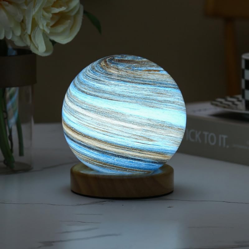 Dimmable Planet Night Light for Nursery 12cm Warm White & Cool White Glass Globe USB Baby Night Light with Wood Base Bedside Lamp for Kids Room（12cm/4.72in)