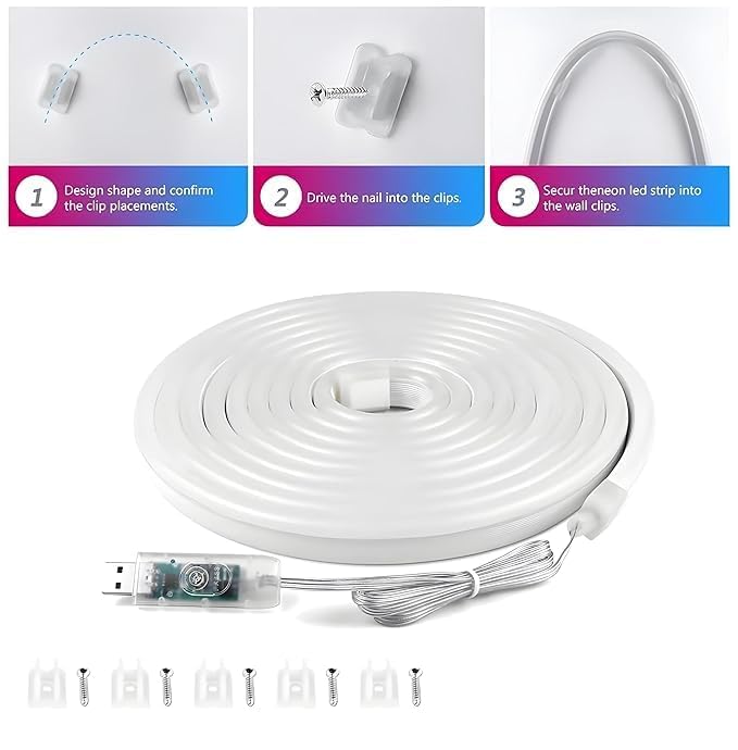 Image of Volt Vision 5 Meters LED Neon RGB Strip Light, Smart App Control, Remote Control, Multi-Colour Magic Lighting with USB, 6 Mounting Clips Music Modes, Custom Colors, Timing, Light Follow Sounds