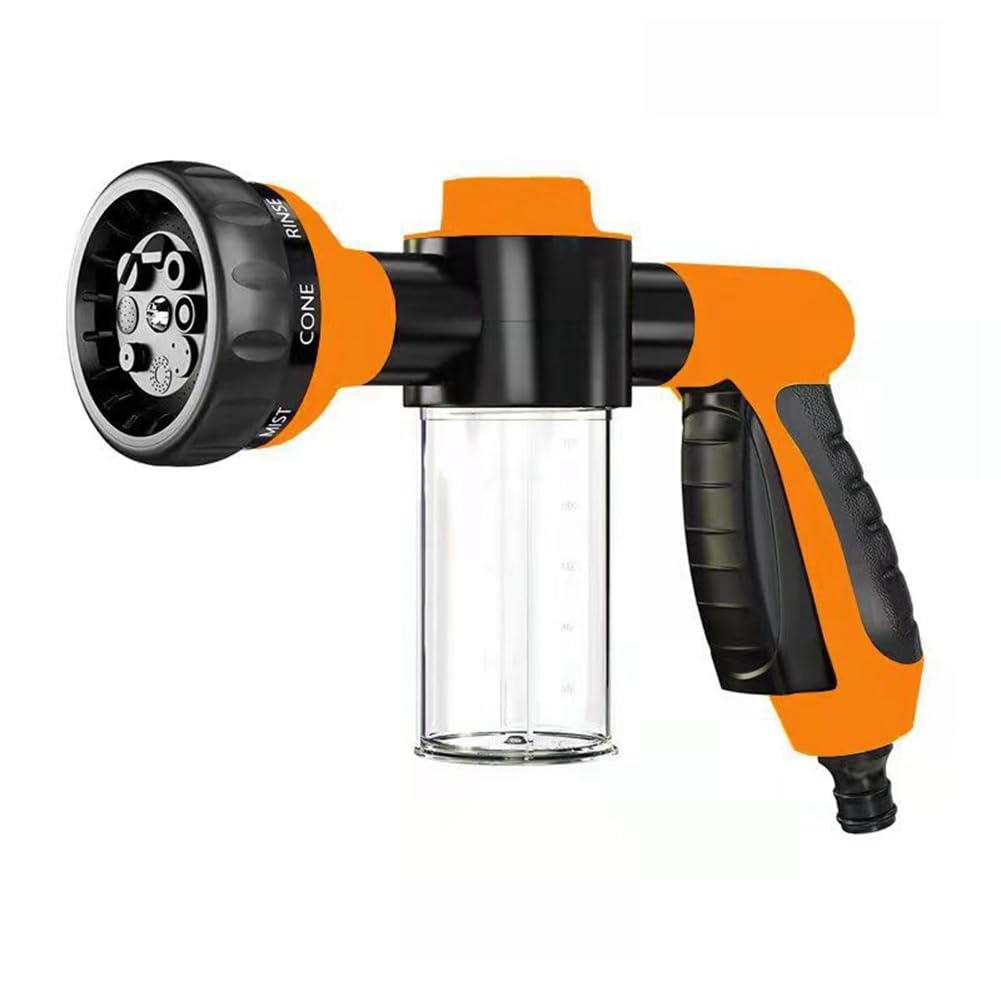 Car Washing Nozzle Garden Hose Nozzle High Pressure Hose Foam Spray with Soap Dispenser Eight-in-One Spray Mode Orange