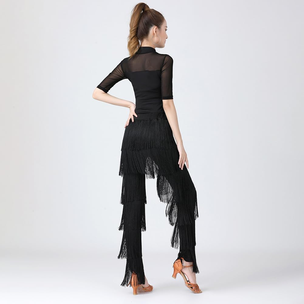 Inlefen Pantalones de Baile Latino para Mujer Con Borlas y Flecos Escalonados - Rendimiento de Tango Cha-Cha, Cintura Elástica