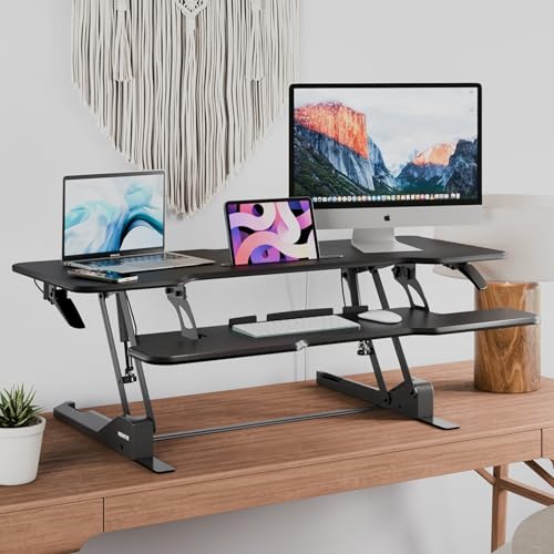 Image of Mount-It! 47 inch Standing Desk Converter, XL Desktop Sit-Stand Desk Riser with Gas Spring Height Adjustment, Wide Desk Topper for Dual Monitors or Monitor & Laptop, Keyboard Tray, Black