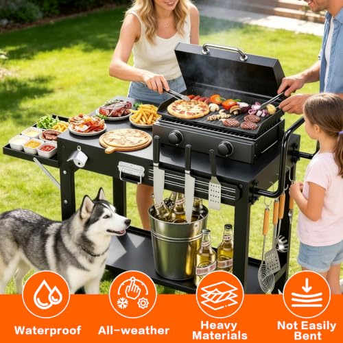 Image of Portable Grill Table for Blackstone Griddle, Outdoor Grill Cart with Wheels, Griddle Stand Fit 17 Inch 22 Inch Ninja Griddle, Folding Table with Caddy for Outside Patio, Kitchen Cooking Prep Table