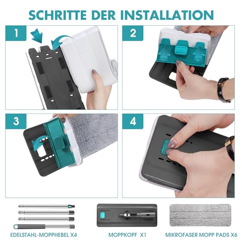 Wischmopp Set mit Eimer,Masthome Bodenwischer mit Auswringfunktion und 6 Mikrofaser Wischpads,2 In 1 Wischmop Set für Alle Hartböden, Grau+Blau – Bild 7