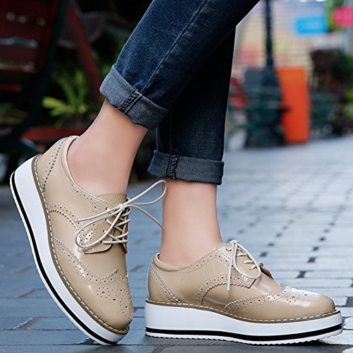 YING LAN Women's Platform Lace-Up Wingtips Square Toe Oxfords Shoe Apricot - Thumbnail 2