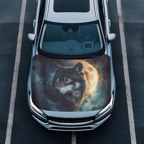 Image of Car Hood Cover Protector,Wear-Resistant Dust-Proof Print Hood Covers for Cars,Universal Accessories for Decoration Black Wolf Moon Pattern