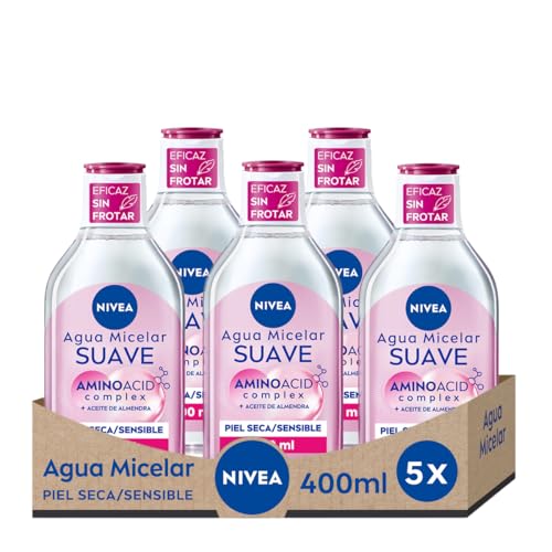 NIVEA Agua micelar Suave para Piel Seca/Sensible en pack de 5 (5 x 400 ml), desmaquillante para limpieza facial con aceite de almendras, desmaquillador de ojos y rostro