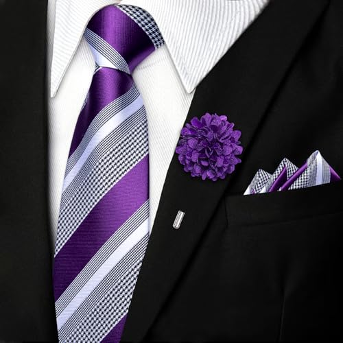 Image of DiBanGu Mens Zipper Tie Silk Pre-Tied Necktie with Gift Box | Jacquard Woven,Paisley Solid Plaid Pattern,6PCS with Pocket Square,Cufflinks and Lapel Pin,for Wedding Party Formal Business