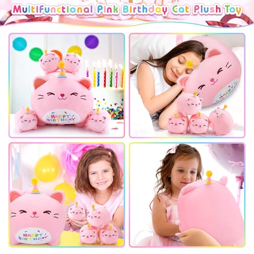 Image of Pink Birthday Cat Plush, 5 PCS Cat Plush Stuffed Animal Family, 16 inch Pink Cat Mommy White Cat with 4 Baby Kittens Cat Plushies,Kawaii Cat Plush Toy Christmas Birthday Gifts for Kids Boys Girls