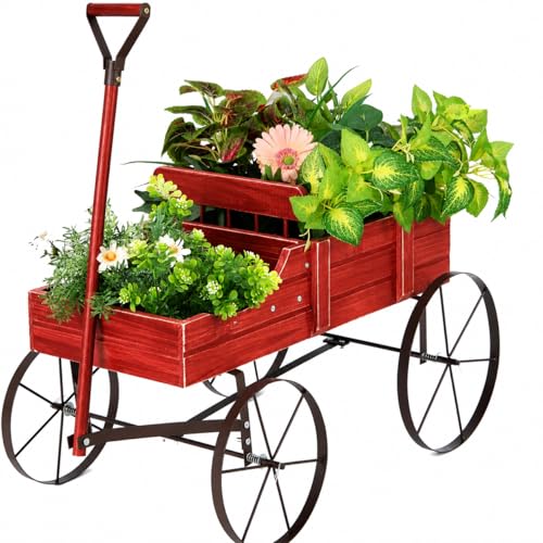 DORTALA Wood Wagon Planter Outdoor Garden Flower Planter Cart with Wheels Small Decorative Wood Raised Bed Plant Pot Box Stand for Backyard Patio Balcony Red