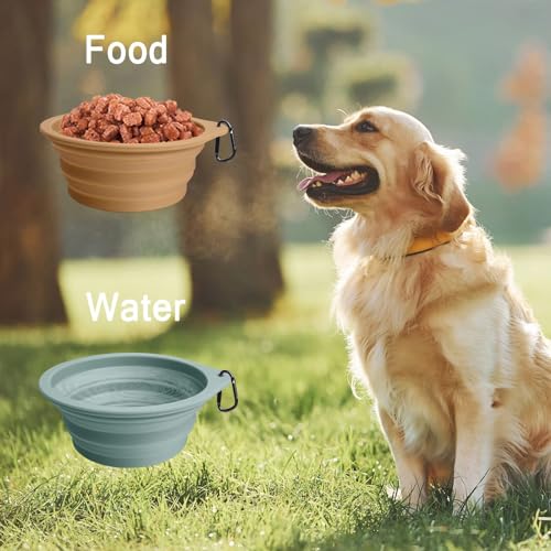 Image of PetBonus 2-Pack Large Silicone Collapsible Dog Bowls, 34oz /1000ml BPA Free Portable Foldable Travel Bowl for Pet Cat, Food Water Feeding Dish for Camping with 2 Carabiners (Turquoise, Tan)