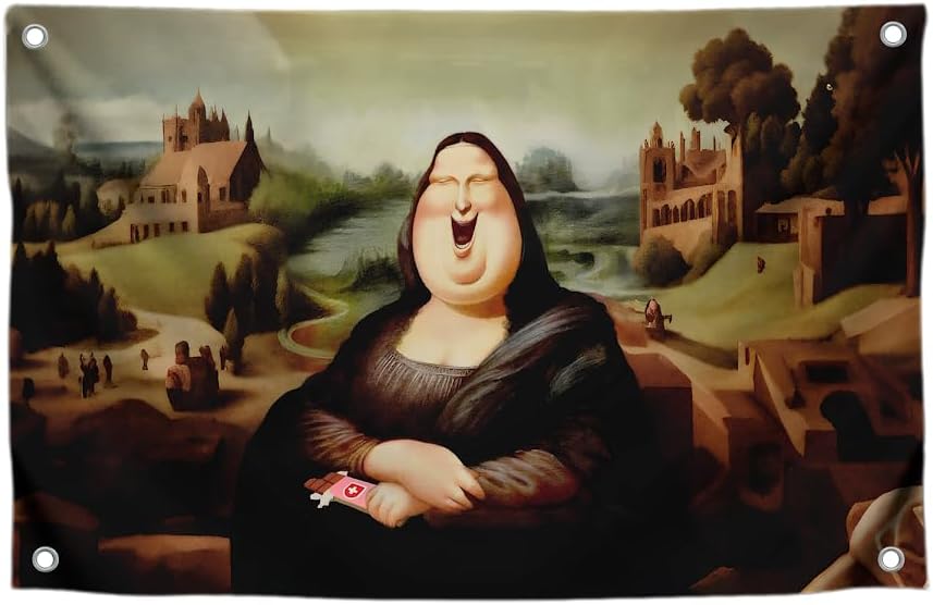 3x5 Ft Meme Mona Lisa Single Sided Flag with Chocolate with 4 Brass Grommets - Funny Man Cave Wall Flag Decoration for College Dorm Room - Meme Polyester Flags for Indoor and Outdoor - Decor Boys Room