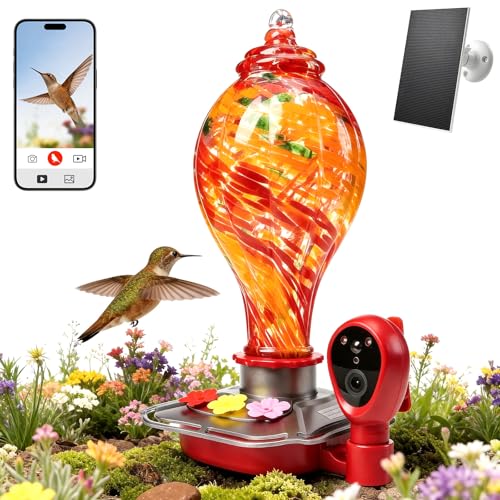 Hand-Blown Glass Smart Hummingbird Feeder with Camera Solar Powered 2K HD Live View AI Bird ID & Motion Alerts Nectar Monitor Leakproof Water Moat 2.4GHz Wi-Fi Hanging Gift for Outdoors (27oz)