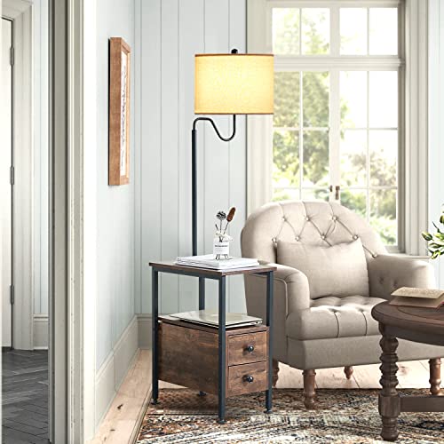 Image of Dungoo Rustic Floor Lamp with Table Storage End Table with Charging Station