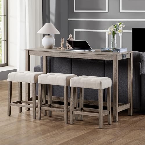 DUHOME 4 Piece Bar Table Set with Power Outlet Industrial Breakfast Table with 3 Padded Stools Solid Wood Counter Height Dining Table Set for Living Room Dining Room Cream+Brown