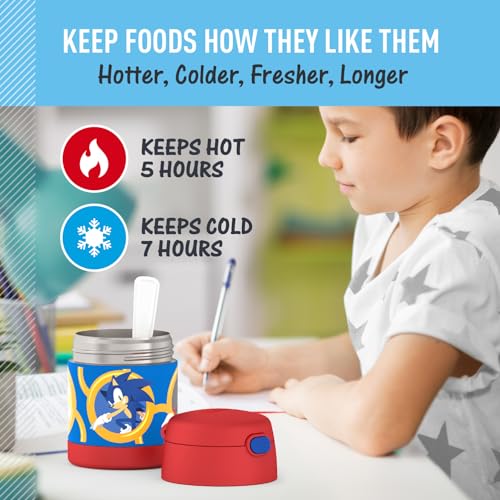Image of THERMOS FUNTAINER Kids Food Jar with Spoon, 10oz, Sonic the Hedgehog | Kid-Friendly Stainless Steel Insulated Food Container, Keeps Food Hot or Cold Longer for School & Play, BPA Free