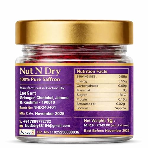 Image of Nut N Dry Original Kashmiri Saffron | Direct From kashmir | Premium Mongra Kesar Threads | 100% Pure Natural Zafran | Strong Aroma & Rich Color | For Milk, Kheer, Biryani & Skincare , saffron, kesir , (0.5 (Pack Of 1))