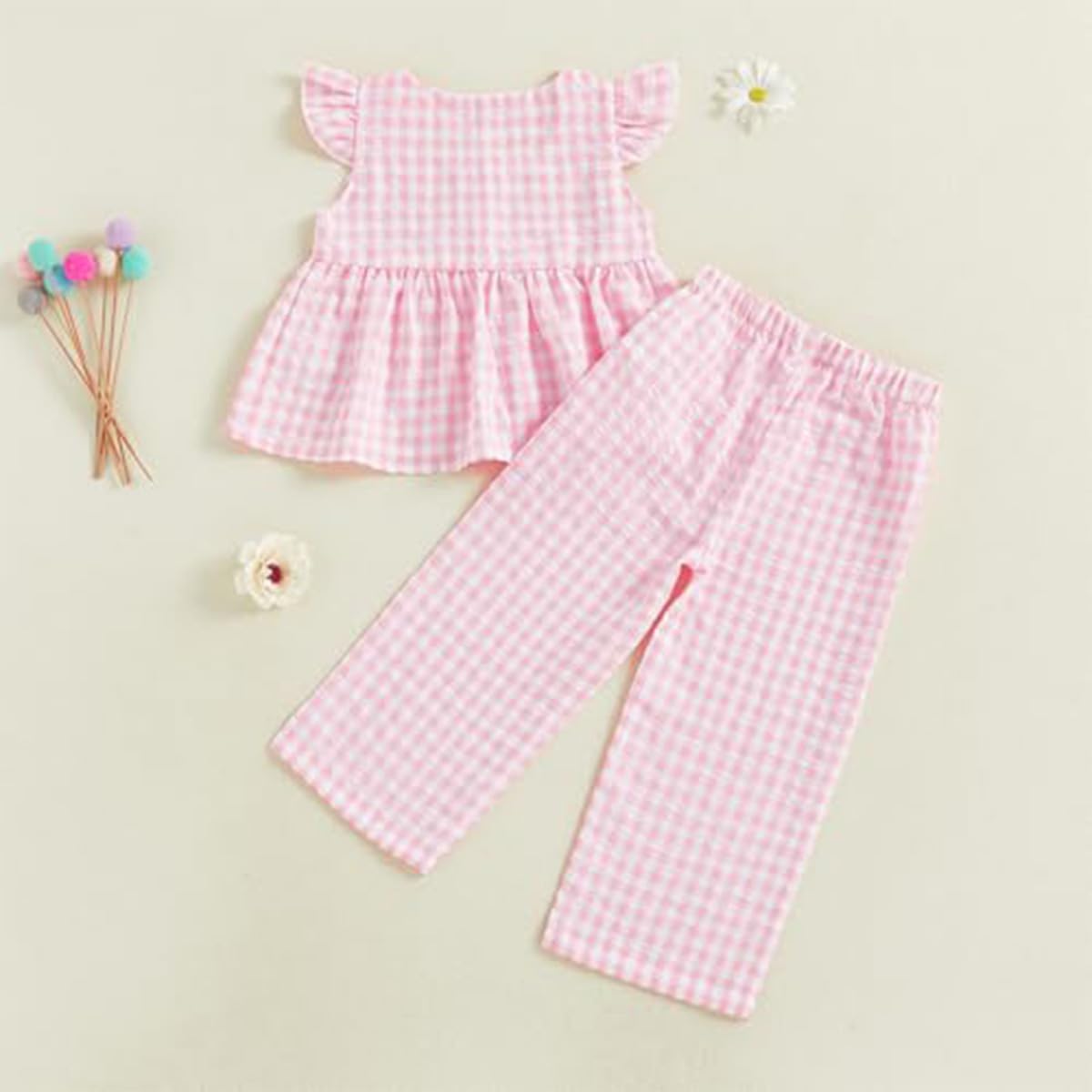 Conjunto Verano para Niñas Pequeñas Color Liso/Cuadros Sin Mangas Con Volantes Camisetas y Pantalones Anchos de Lino Ropa Infantil de Primavera - 3