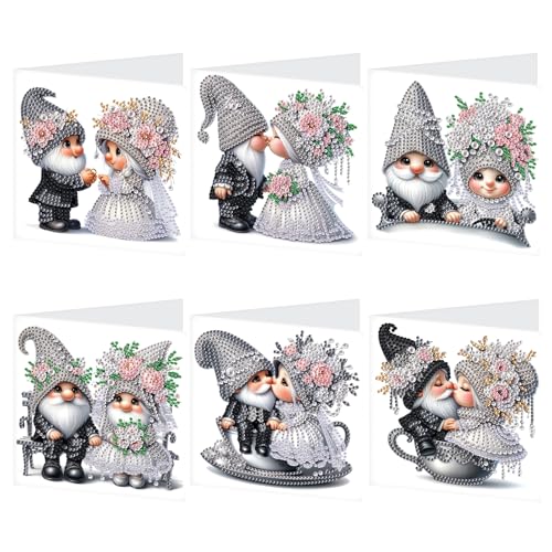 Image of AiYuanzsh Set of 6 Gnome Diamond Painting Greeting Cards - 5D DIY Craft Kits for Handmade Bride and Groom Cards, Perfect for Wedding Gifts and Anniversaries