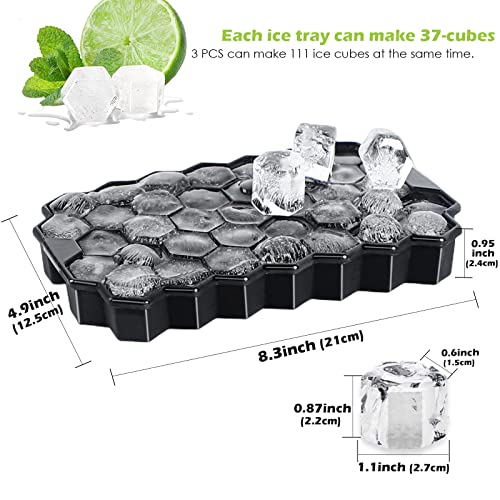 Hocerlu Ice Cube Trays, 3 Pack Silicone Small Ice Cube Trays With Removable Lid, Easy-Release & Flexible Hexagonal 37-Ice Cube Molds, Stackable For Freezer, Chilled Drinks, Whiskey, Cocktail - Black #TOP1