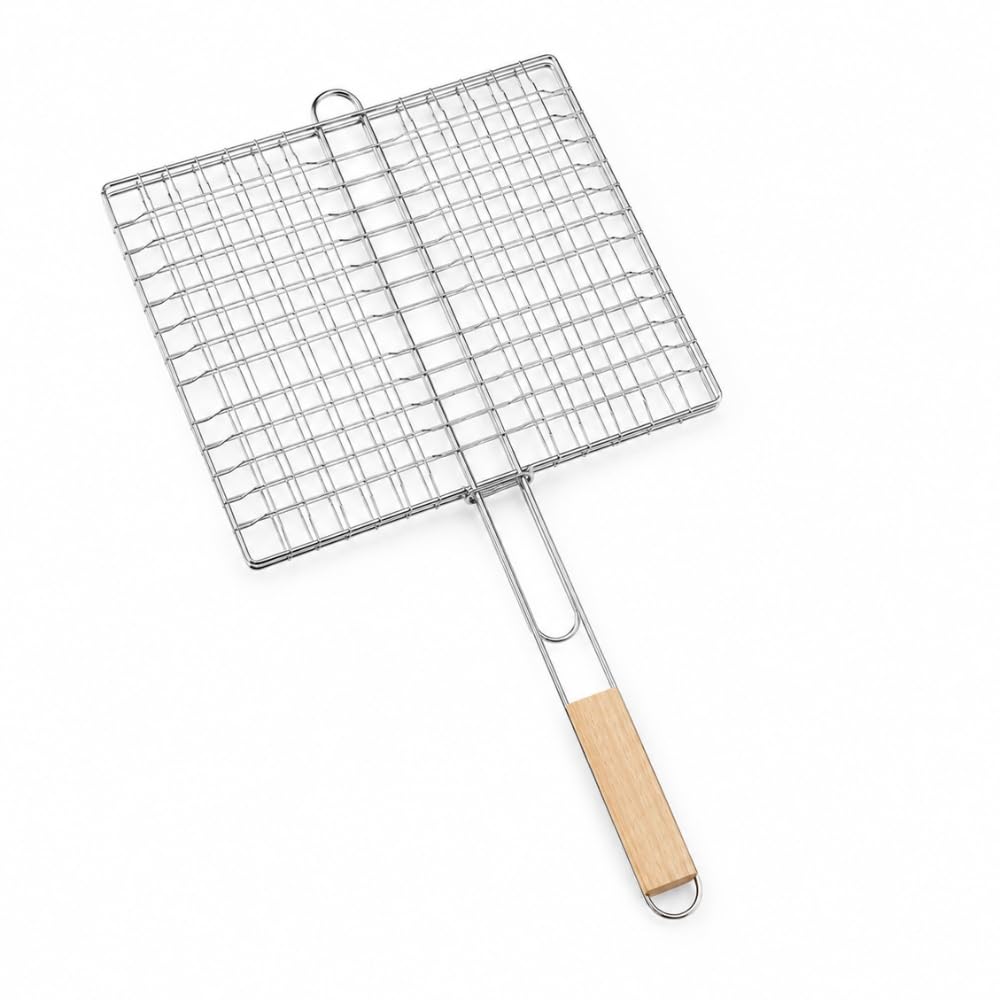 Double Grille Barbecue Carrée en Acier Chromé, 25x25 cm, Lot de 2, Manche Ergonomique, pour Viandes, Poissons et Légumes