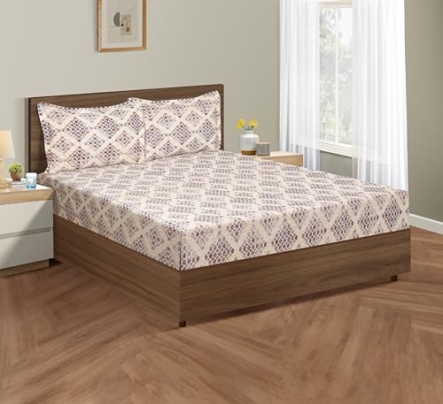 Image of Swayam Pure Cotton King Fitted Bedsheet with 2 Pillow Covers | Size 72 x 78 x 10 inch | 160 TC | Geometric Design | Soft Breathable Bed Sheet | Comfortable & Durable for Bedroom - Beige