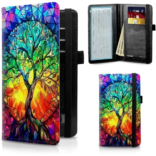Image of FUYOCWE Leather Checkbook Covers for Men Women Check book Holder Cover Wallets for Personal Checkbook Duplicate Checks with RFID Blocking & Elastic Strap-Glass Style Colorful Life Tree