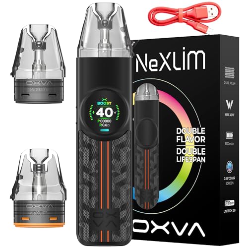 Oxva NeXLIM Vape Kit (Traction Black) Compatible With Oxva Nexlim Pods 0.6 0.8 1.2 ohms OXVA Vape Pod Kit Refillable Vaping Kit - Dual Mesh Pod - 1500mAh Battery 40W Dual Mesh No Nicotine