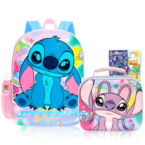 Stitch & Angel Backpack with Lunchbox Set for Kids School Bundle + More