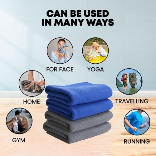 Image of Dribble Microfiber Weft Knitting 400 GSM Hand Towel 40x60 cm | Ultra Soft, Quick Dry, Highly Absorbent | Lightweight & Skin-Friendly Towel for Bathroom, Gym & Travel, Blue & Grey (Pack of 4)