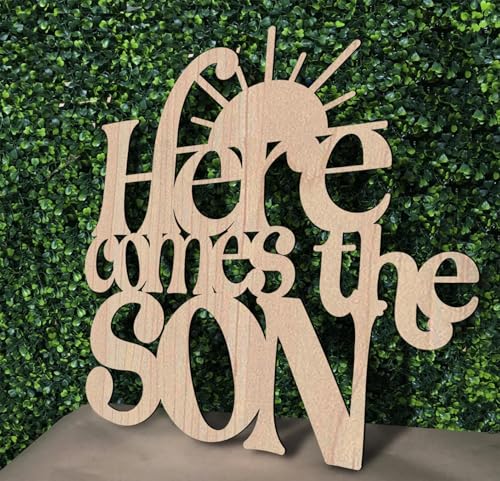 Here Comes The SON Wooden Baby Shower Backdrop Sign,Baby Shower Decor for Welcome Baby Sign Decor Baby Boy Birthday Wall Decorations(12 * 12inch)