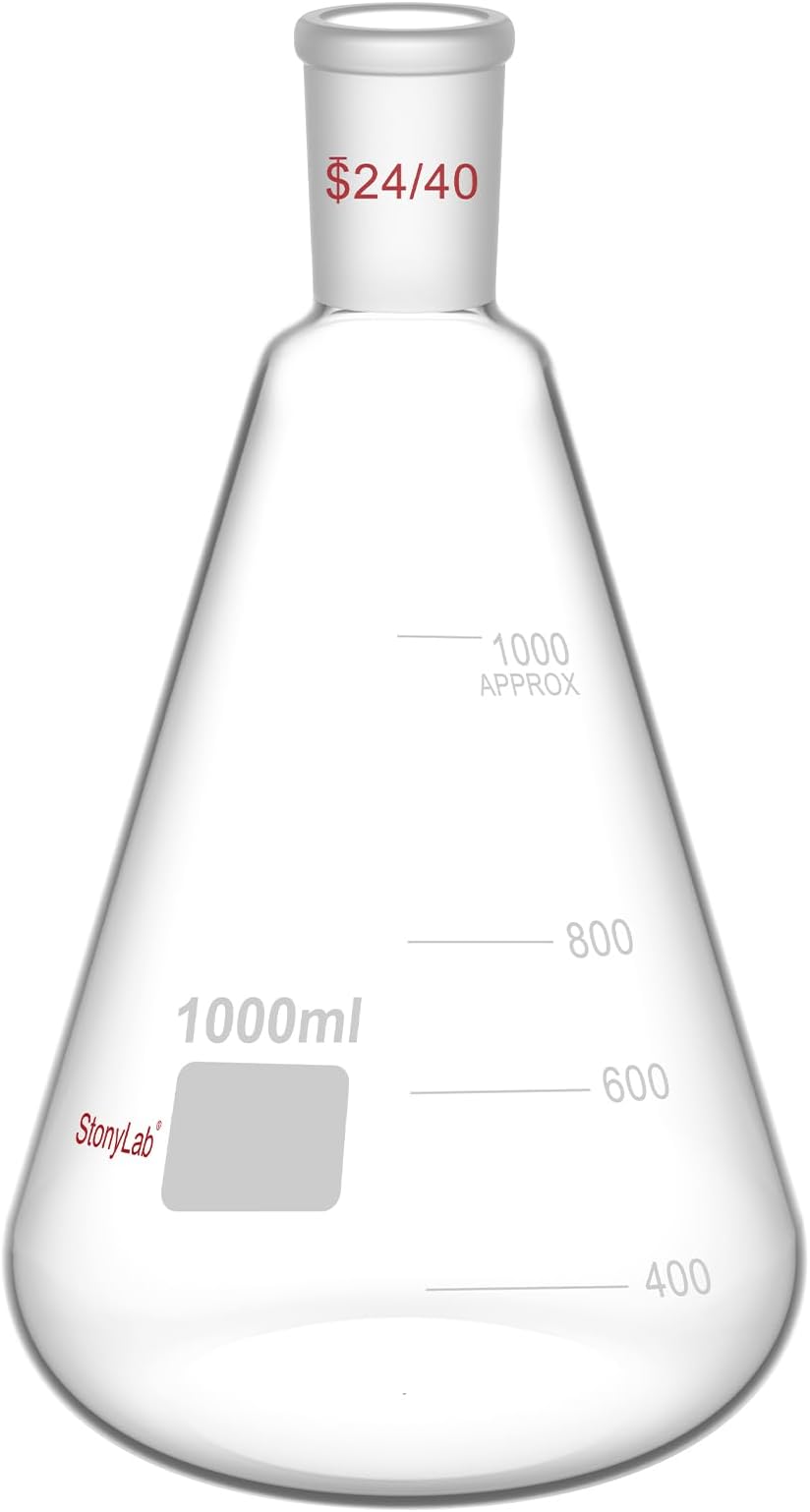 Glass 24/40 Erlenmeyer Flask, Borosilicate Glass Heavy Wall Flask with 24/40 Standard Taper Outer Joint - 1L