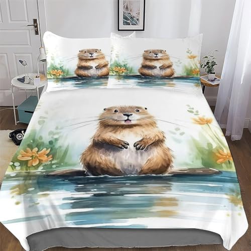 GGJJTT Beaver Duvet Cover Set Quilt Covers With Pillowcases Soft Bedding Sets 3Pcs Set, for Kids Adult Bed Linen Comforter Cover King220x240cm