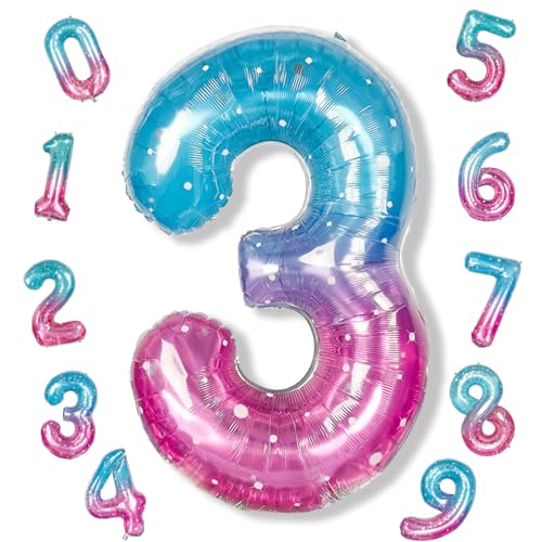 Image of Large Blue Pink Starry 3 Balloons, 40 Inch Giant Mermaid Helium Mylar Foil Globos Numero for Girls, Self Inflating Rainbow 3rd Birthday Balloon for Women Three Anniversary Party Decorations Supplies