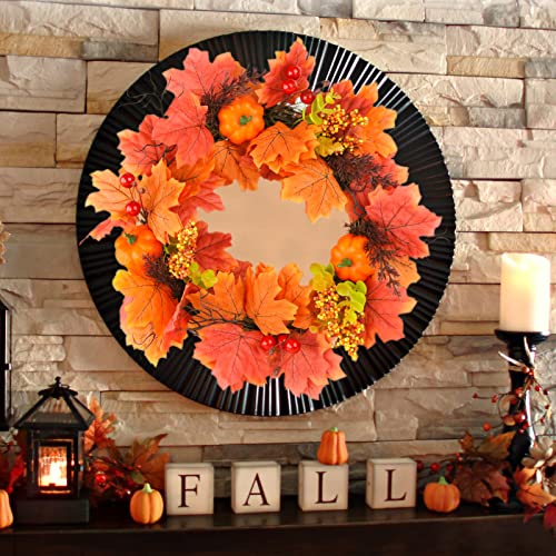 Eladeco Fall Wreath For Front Door 17” Maple Leaves With Pumpkin Berries Harvest Artificial Autumn Wreath Welcome Sign For Thanksgiving Wedding Home Wall Garden Decorations #TOP4